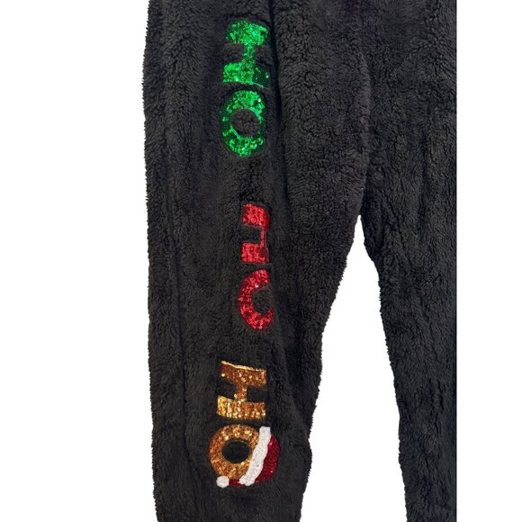 Miss Chevious Black Fuzzy Jogger Pants Large Sequin Ho Ho Ho & Santa Hat Design - Picture 2 of 6